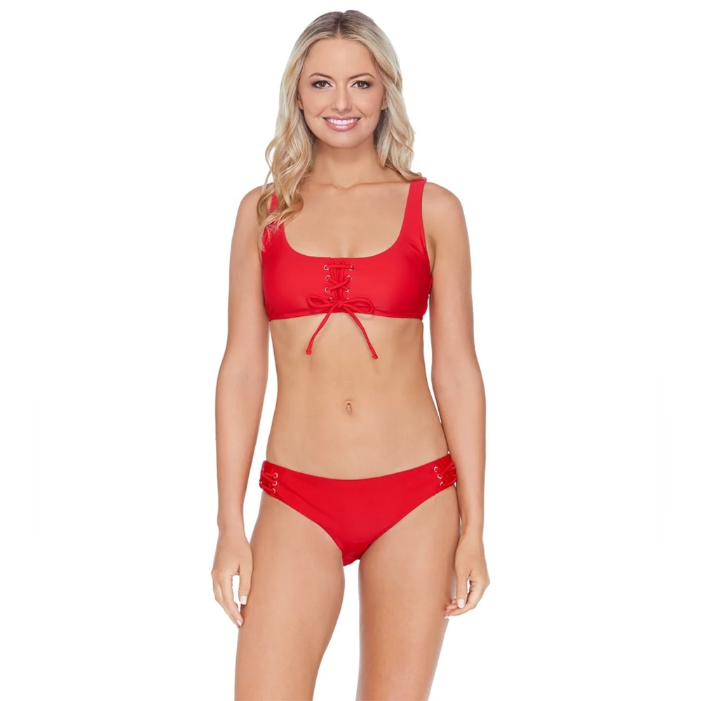Raisins Bermuda Red Solid Lace Up Bikini Top and Bottom